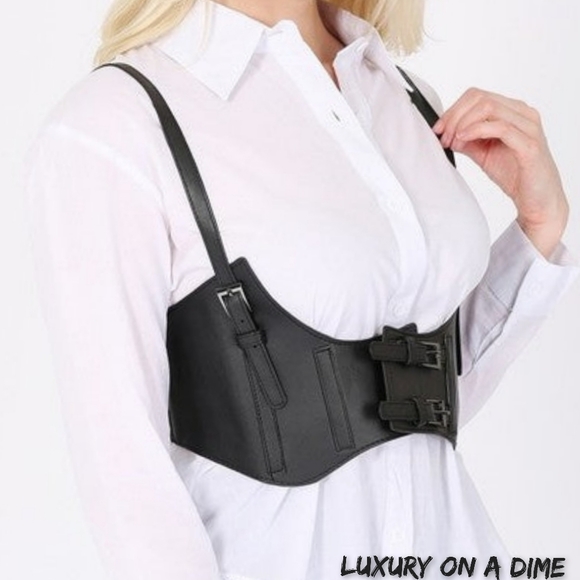 Faux Leather Corset Underbust Waist Belt Harness Shoulder Straps Black main image 8